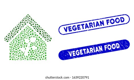 Mosaic greenhouse building and distressed stamp seals with Vegetarian Food phrase. Mosaic vector greenhouse building is designed with scattered oval dots. Vegetarian Food stamp seals use blue color,