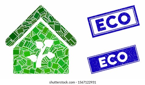 Mosaic greenhouse building icon and rectangle seal stamps. Flat vector greenhouse building mosaic pictogram of scattered rotated rectangle items. Blue caption rubber stamps with distress textures.