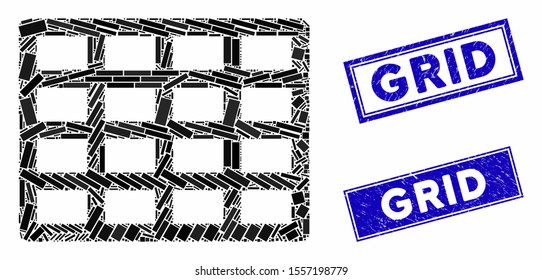 Mosaic grid icon and rectangular watermarks. Flat vector grid mosaic icon of randomized rotated rectangle elements. Blue caption watermarks with rubber surface.