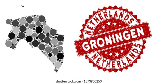 Mosaic Groningen Province map and circle watermark. Flat vector Groningen Province map mosaic of scattered circle elements. Red watermark with grunged style.