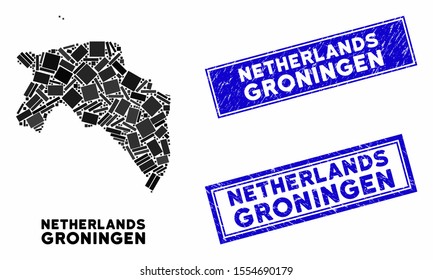 Mosaic Groningen Province map and rectangle seal stamps. Flat vector Groningen Province map mosaic of randomized rotated rectangle items. Blue caption seal stamps with grunged texture.
