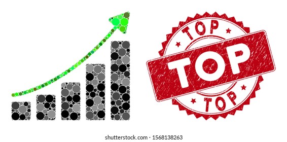 Mosaic growing bar chart trend and rubber stamp seal with Top text. Mosaic vector is designed with growing bar chart trend icon and with randomized circle spots. Top stamp seal uses red color,