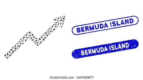 Mosaic growth trend chart and corroded stamp seals with Bermuda Island phrase. Mosaic vector growth trend chart is created with scattered oval dots. Bermuda Island stamp seals use blue color,