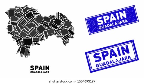 Mosaic Guadalajara Province map and rectangle rubber prints. Flat vector Guadalajara Province map mosaic of scattered rotated rectangular items. Blue caption rubber stamps with grunge textures.