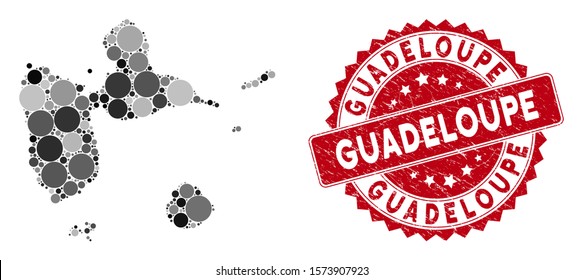 Mosaic Guadeloupe map and circle seal stamp. Flat vector Guadeloupe map mosaic of scattered circle elements. Red stamp imprint with dirty style. Designed for political and patriotic promotion.