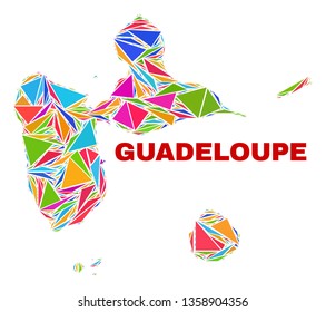Mosaic Guadeloupe map of triangles in bright colors isolated on a white background. Triangular collage in shape of Guadeloupe map. Abstract design for patriotic decoration.