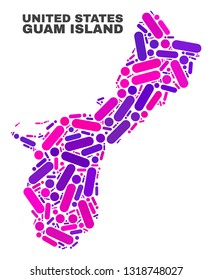 Mosaic Guam Island map isolated on a white background. Vector geographic abstraction in pink and violet colors. Mosaic of Guam Island map combined of random round dots and lines.