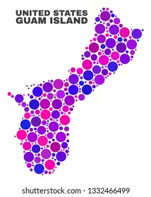 Mosaic Guam Island map isolated on a white background. Vector geographic abstraction in pink and violet colors. Mosaic of Guam Island map combined of random round points.