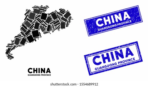 Mosaic Guangdong Province map and rectangle stamps. Flat vector Guangdong Province map mosaic of scattered rotated rectangle elements. Blue caption rubber stamps with distress texture.