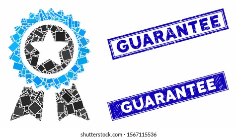 Mosaic guarantee icon and rectangular rubber prints. Flat vector guarantee mosaic icon of randomized rotated rectangle items. Blue caption rubber stamps with rubber textures.