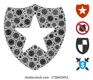 Guardia mosaica organizada a partir de iconos del virus de la gripe en tamaños variables y tonos de color. Las partes patógenas vectoriales se unen en un icono abstracto de protección de mosaicos. Se añaden algunos iconos adicionales.
