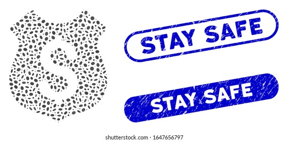 Mosaic guard price and grunge stamp seals with Stay Safe text. Mosaic vector guard price is created with random oval elements. Stay Safe seals use blue color, and have round rectangle shape.