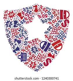 Mosaic guard shield designed with blue and red shopping symbols. Retail combination of mosaic guard shield icon. Flat design for shopping purposes.