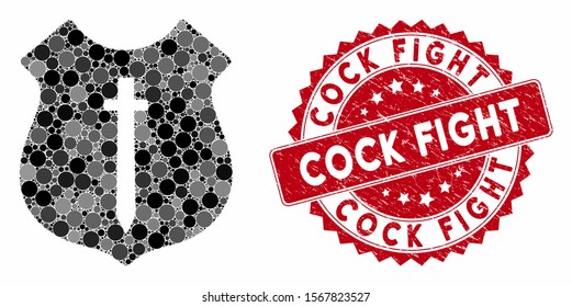 Mosaic guard shield and distressed stamp watermark with Cock Fight phrase. Mosaic vector is formed with guard shield icon and with random spheric elements. Cock Fight stamp uses red color,