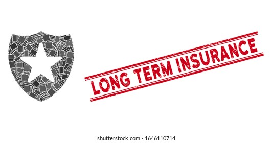 Mosaic guard shield icon and red Long Term Insurance seal between double parallel lines. Flat vector guard shield mosaic pictogram of scattered rotated rectangular items.