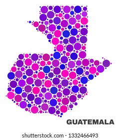 Mosaic Guatemala map isolated on a white background. Vector geographic abstraction in pink and violet colors. Mosaic of Guatemala map combined of random circle elements.
