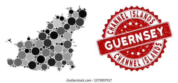 Mosaic Guernsey Island map and circle seal stamp. Flat vector Guernsey Island map mosaic of random circle elements. Red stamp imprint with grunged design. Designed for political and patriotic posters.