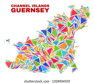 Mosaic Guernsey Island map of triangles in bright colors isolated on a white background. Triangular collage in shape of Guernsey Island map. Abstract design for patriotic illustrations.