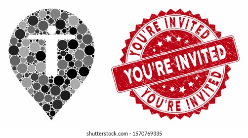 Mosaic guest marker and distressed stamp seal with You'Re Invited phrase. Mosaic vector is composed with guest marker icon and with scattered spheric items. You'Re Invited seal uses red color,
