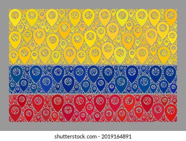 Mosaic guide Colombia flag designed with map marker icons. Vector mosaic rectangular Colombia flag combined for navigation advertisement.