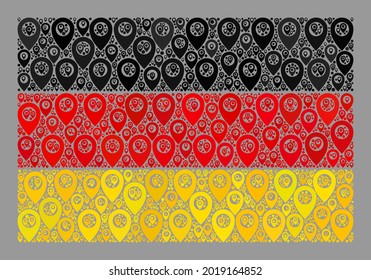 Mosaic guide Germany flag constructed with map items. Vector mosaic rectangle Germany flag designed for geotargeting applications. Germany flag collage is constructed with scattered pin items.