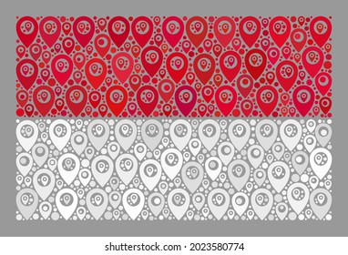 Mosaic guide Indonesia flag designed with tag icons. Vector mosaic straight Indonesia flag designed for cartography wallpapers. Indonesia flag collage is shaped with scattered geo elements.