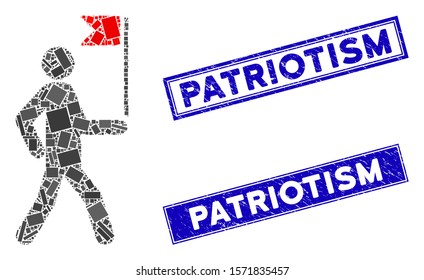 Mosaic guide man with flag icon and rectangle Patriotism stamps. Flat vector guide man with flag mosaic icon of random rotated rectangle items. Blue Patriotism stamps with distress textures.