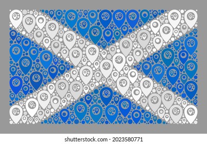 Mosaic guide Scotland flag constructed with flag elements. Vector mosaic rectangular Scotland flag constructed for navigation propaganda.