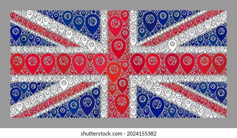 Mosaic guide United Kingdom flag designed of map elements. Vector mosaic straight United Kingdom flag designed for geographic applications.