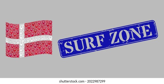 Mosaic guide waving Denmark flag designed with pin items, with grunge blue rectangular Surf Zone stamp seal. Vector collage waving Denmark flag organized for targeting advertisement.
