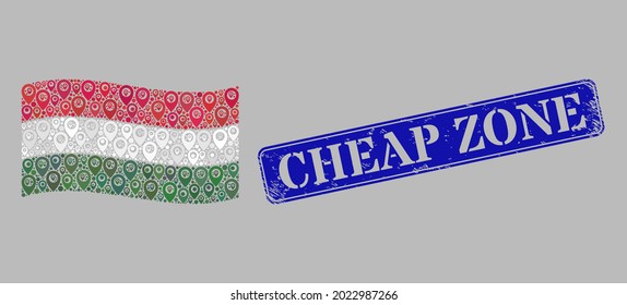 Guía de mosaicos ondeando la bandera de Hungría diseñada con elementos de alfiler, con sello de zona barata rectángulo azul de angustia. Bandera de Hungría con viento en mosaico vectorial diseñada para publicidad geográfica.