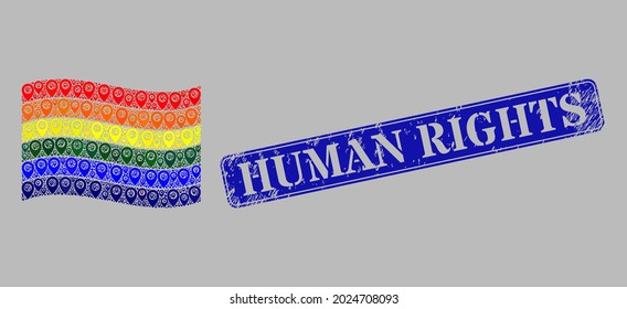 Mosaic guide waving LGBT flag designed with cartography icons, with distress blue rectangular Human Rights stamp seal. Vector collage waving LGBT flag done for cartography purposes.
