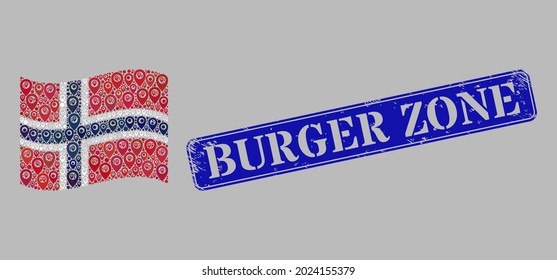 Mosaic guide waving Norway flag created with flag items, with grunge blue rectangular Burger Zone badge. Vector collage windy Norway flag designed for navigation propaganda.