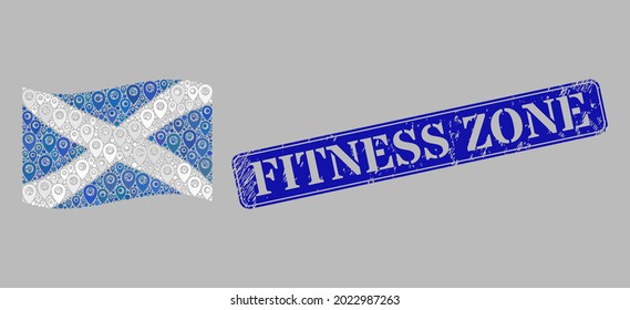 Mosaic guide waving Scotland flag constructed of map elements, with rubber blue rectangular Fitness Zone stamp. Vector mosaic waving Scotland flag constructed for geotargeting advertisement.