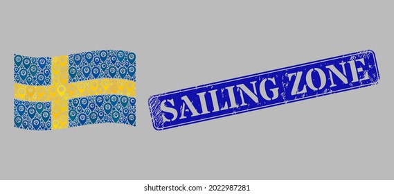 Mosaic guide waving Sweden flag created with map items, with grunge blue rectangular Sailing Zone stamp seal. Vector mosaic waving Sweden flag organized for targeting applications.