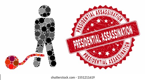 Mosaic guilty man and rubber stamp seal with Presidential Assassination caption. Mosaic vector is composed from guilty man icon and with randomized spheric spots.