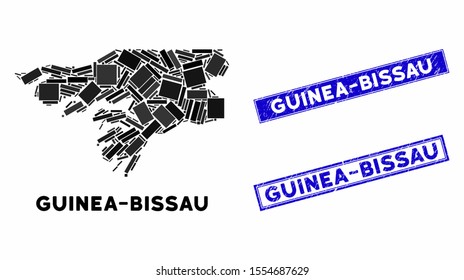 Mosaic Guinea-Bissau map and rectangular seal stamps. Flat vector Guinea-Bissau map mosaic of random rotated rectangular items. Blue caption seal stamps with dirty texture.