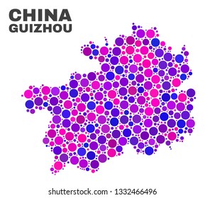 Mosaic Guizhou Province map isolated on a white background. Vector geographic abstraction in pink and violet colors. Mosaic of Guizhou Province map combined of random spheric dots.