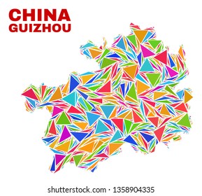 Mosaic Guizhou Province map of triangles in bright colors isolated on a white background. Triangular collage in shape of Guizhou Province map. Abstract design for patriotic decoration.