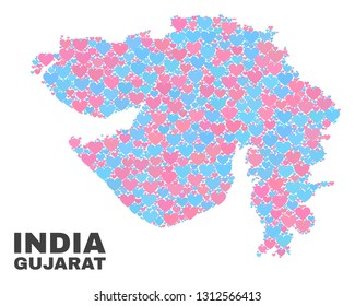 Mosaic Gujarat State map of love hearts in pink and blue colors isolated on a white background. Lovely heart collage in shape of Gujarat State map. Abstract design for Valentine decoration.