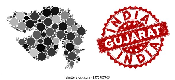 Mosaic Gujarat State map and round seal stamp. Flat vector Gujarat State map mosaic of random round items. Red seal stamp with distress style. Designed for political and patriotic purposes.