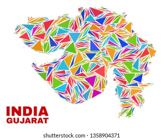 Mosaic Gujarat State map of triangles in bright colors isolated on a white background. Triangular collage in shape of Gujarat State map. Abstract design for patriotic illustrations.
