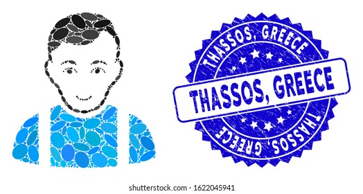 Mosaic guy icon and grunge stamp watermark with Thassos, Greece text. Mosaic vector is composed with guy icon and with randomized oval items. Thassos, Greece stamp seal uses blue color,