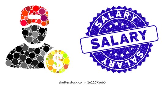 Mosaic guy salary icon and corroded stamp seal with Salary caption. Mosaic vector is created with guy salary icon and with randomized circle elements. Salary stamp seal uses blue color,