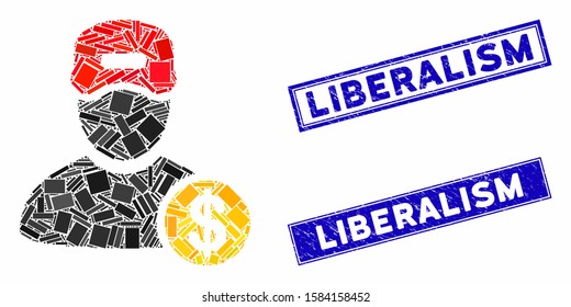 Mosaic guy salary icon and rectangle Liberalism watermarks. Flat vector guy salary mosaic icon of scattered rotated rectangle items. Blue Liberalism stamps with corroded textures.