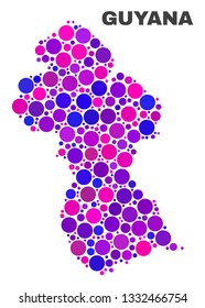 Mosaic Guyana map isolated on a white background. Vector geographic abstraction in pink and violet colors. Mosaic of Guyana map combined of scattered spheric elements.