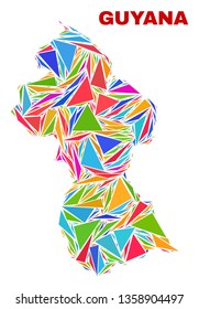 Mosaic Guyana map of triangles in bright colors isolated on a white background. Triangular collage in shape of Guyana map. Abstract design for patriotic illustrations.