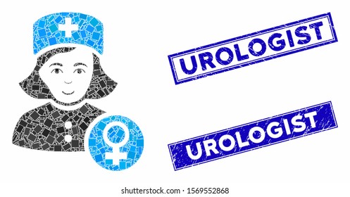 Mosaic gynecologist lady doctor icon and rectangle seals. Flat vector gynecologist lady doctor mosaic icon of randomized rotated rectangle elements. Blue caption rubber seals with scratched surface.