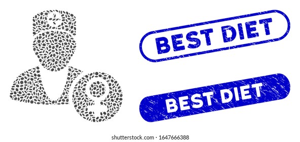 Mosaic gynecology doctor and distressed stamp seals with Best Diet phrase. Mosaic vector gynecology doctor is created with randomized oval spots. Best Diet seals use blue color,