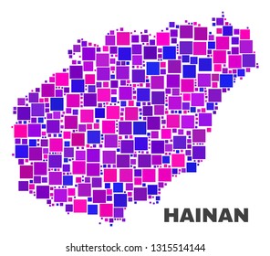 Mosaic Hainan map isolated on a white background. Vector geographic abstraction in pink and violet colors. Mosaic of Hainan map combined of scattered square elements.